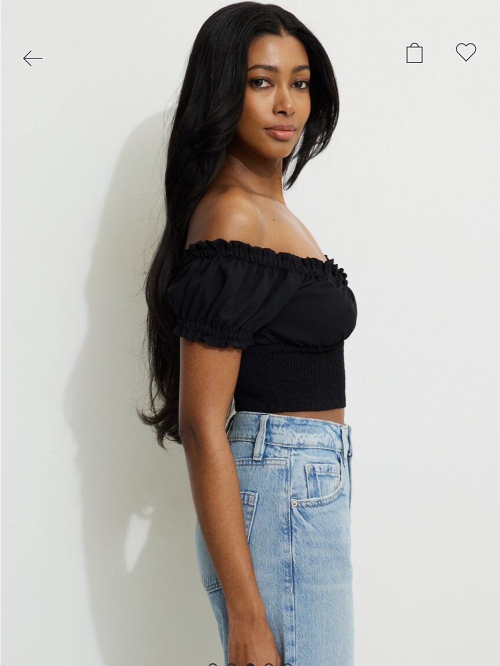 Dynamite Black Smocked Puff-Sleeve Crop Top - Picture 2 of 2